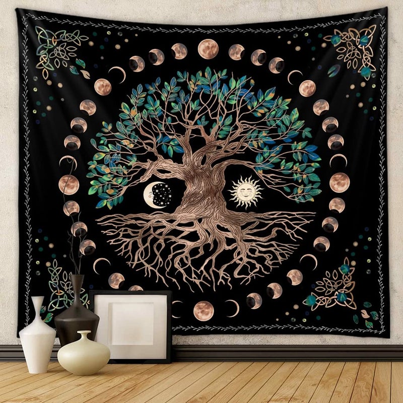 HASTHIP ® Tree of Life Tapestry Wall Hanging Psychedelic Mystic Wishing Tree Artwork with Moon Phases, Washable Polyester Fabric, Vibrant Decorative Wall Carpet for Bedroom (51x59 Inches) - Image 1