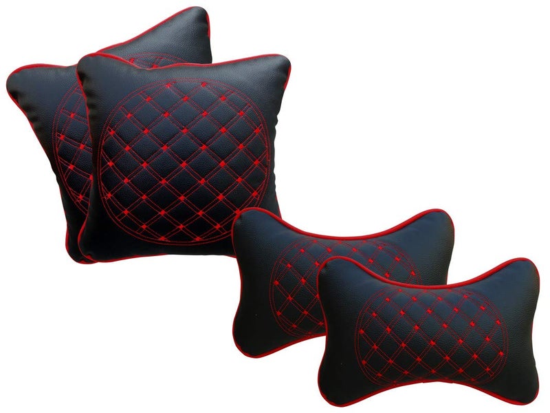 Selifaur Black and Red Double Quilted Car Cushion and Neck Rest Pillow Set of 4 for Baleno New - Image 2