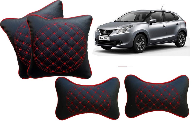 Selifaur Black and Red Double Quilted Car Cushion and Neck Rest Pillow Set of 4 for Baleno New - Image 1