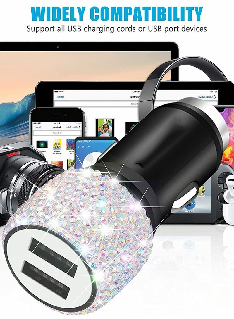 Fast Car Charger Adapter 3-in-1 Dual USB Quick Charge Multicolor Crystal Accessories Decor Phone Power with Type C/Micro USB/iPhone Port Cable - Image 2