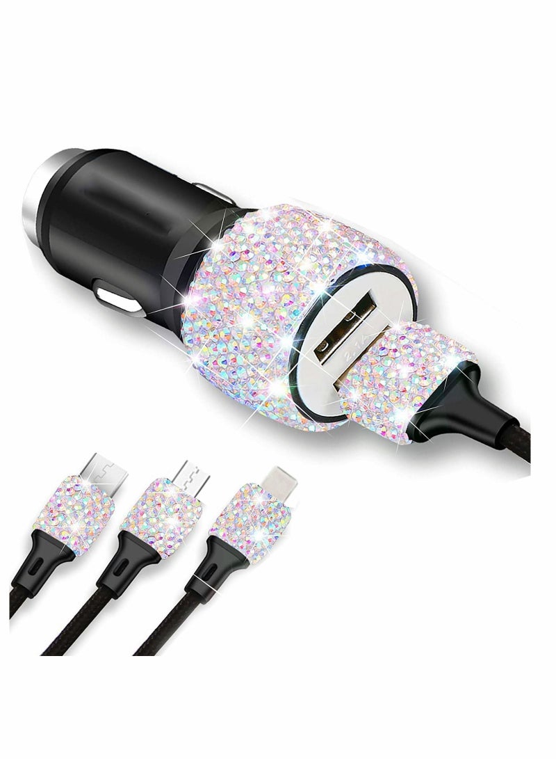 Fast Car Charger Adapter 3-in-1 Dual USB Quick Charge Multicolor Crystal Accessories Decor Phone Power with Type C/Micro USB/iPhone Port Cable - Image 1