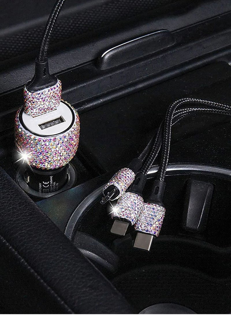 Fast Car Charger Adapter 3-in-1 Dual USB Quick Charge Multicolor Crystal Accessories Decor Phone Power with Type C/Micro USB/iPhone Port Cable - Image 3
