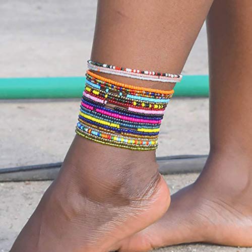 ELABEST African Beads Anklet 18pcs Boho Beaded Ankle Bracelet Elastic Bead Foot Chain Jewelry for Women (Colours) - Image 1