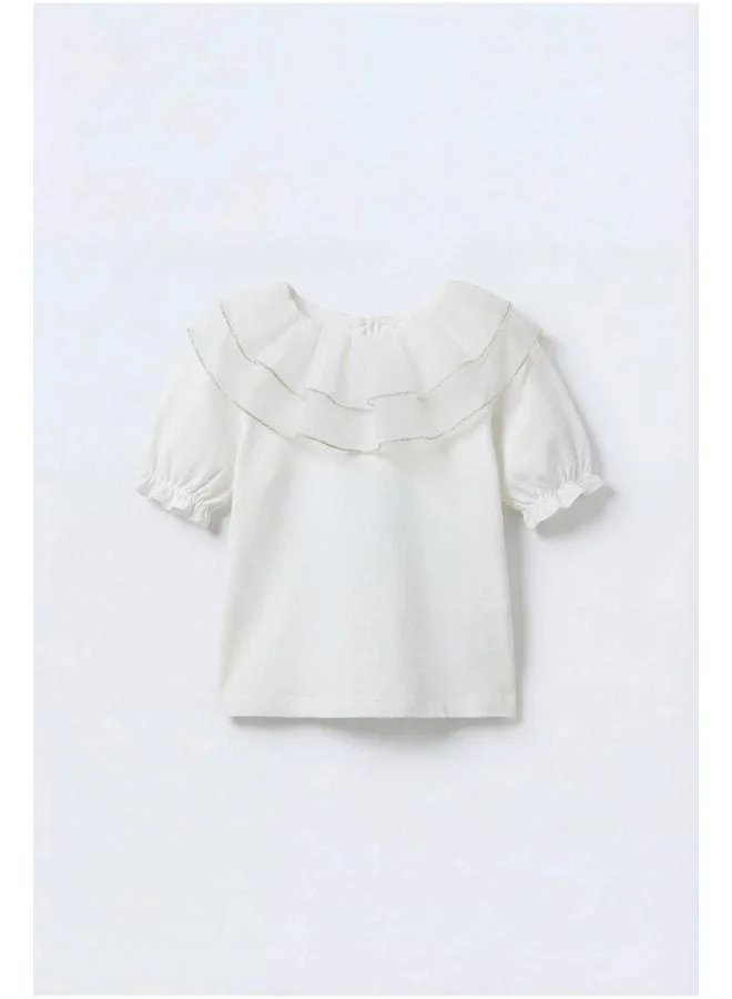 Magu Girls' Cotton White Ruffle Collar Blouse with Gold Stripe Detail