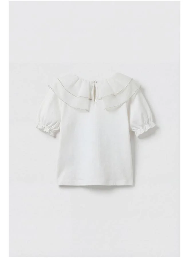 Magu Girls' Cotton White Ruffle Collar Blouse with Gold Stripe Detail