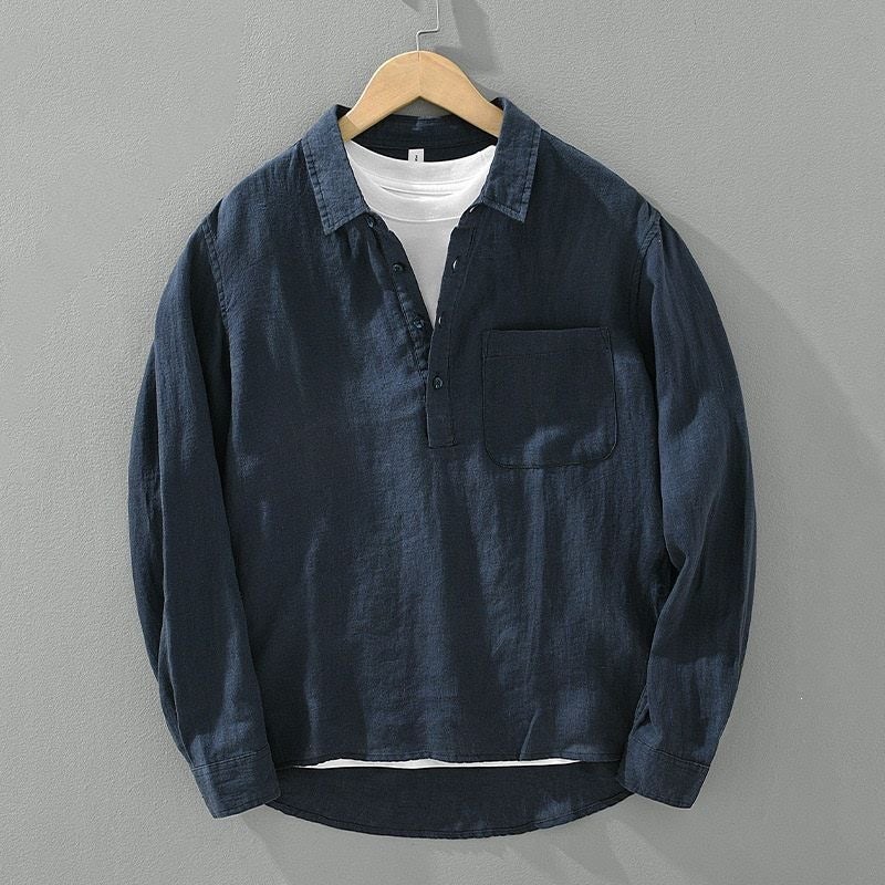 Retro Long-Sleeved Linen Shirt for Men, New Summer Style Loose Pullover Square Collar Shirt, Casual Cotton and Linen  Top