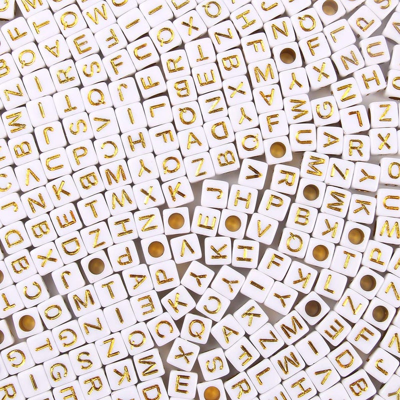 Acrylic Letter Beads Alphabet Gold Letters White Cube Bead 66mm 1200pcs for Friendship Bracelets and Gifts Souvenir Jewelry Making