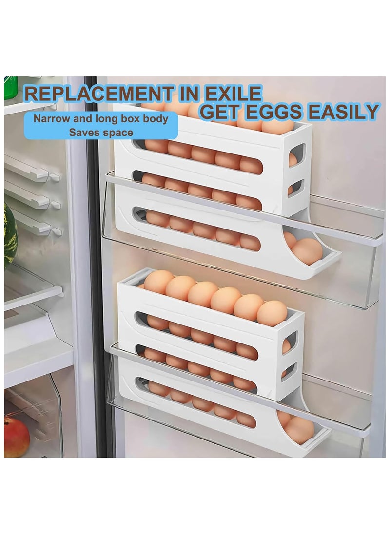 30 Eggs Fridge Dispenser 4 Tier Egg Holder for Refrigerator Countertop Container Large Capacity Auto Rolling Tray Organizer Storage Automatic Distributor Rack Space Saving for Kitchen
