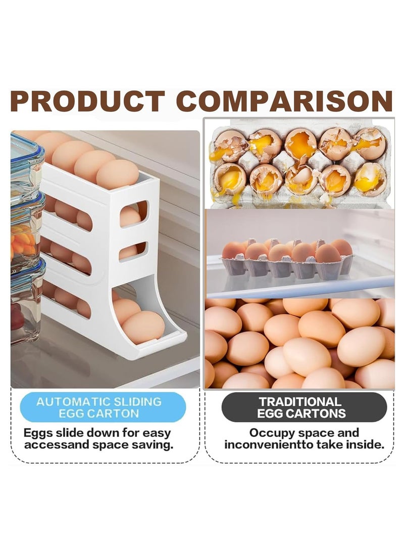 30 Eggs Fridge Dispenser 4 Tier Egg Holder for Refrigerator Countertop Container Large Capacity Auto Rolling Tray Organizer Storage Automatic Distributor Rack Space Saving for Kitchen