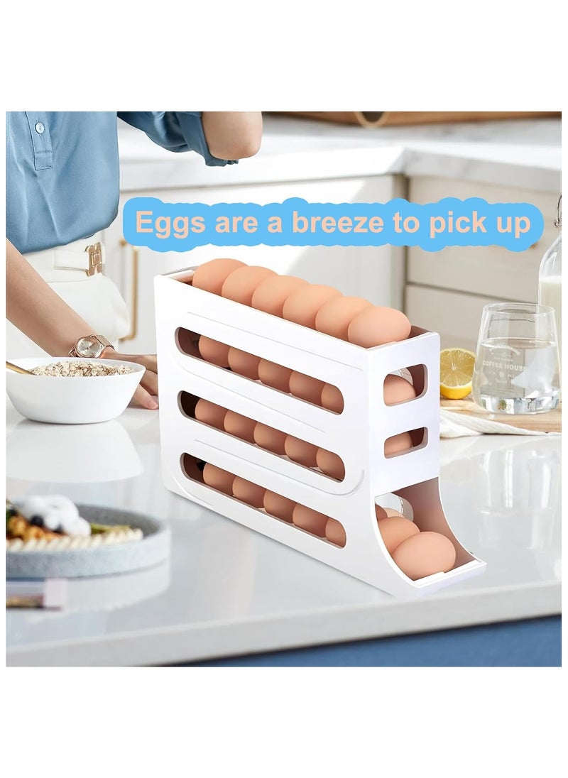 30 Eggs Fridge Dispenser 4 Tier Egg Holder for Refrigerator Countertop Container Large Capacity Auto Rolling Tray Organizer Storage Automatic Distributor Rack Space Saving for Kitchen
