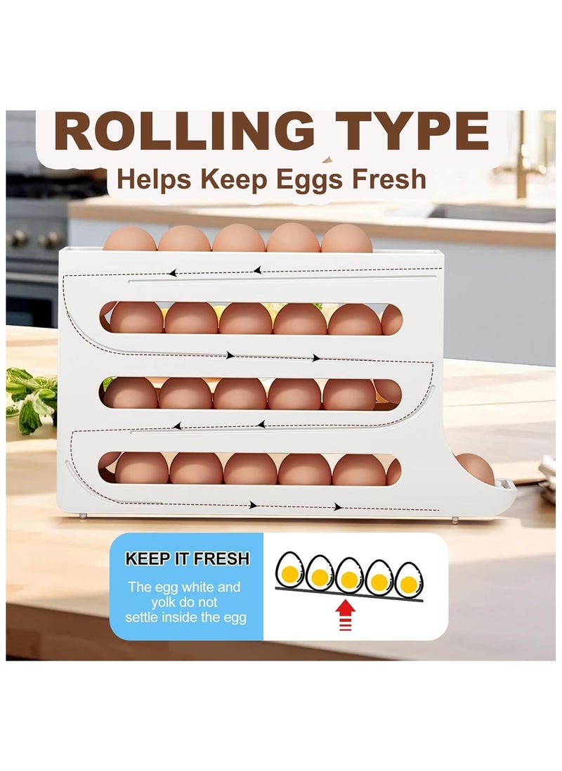 30 Eggs Fridge Dispenser 4 Tier Egg Holder for Refrigerator Countertop Container Large Capacity Auto Rolling Tray Organizer Storage Automatic Distributor Rack Space Saving for Kitchen