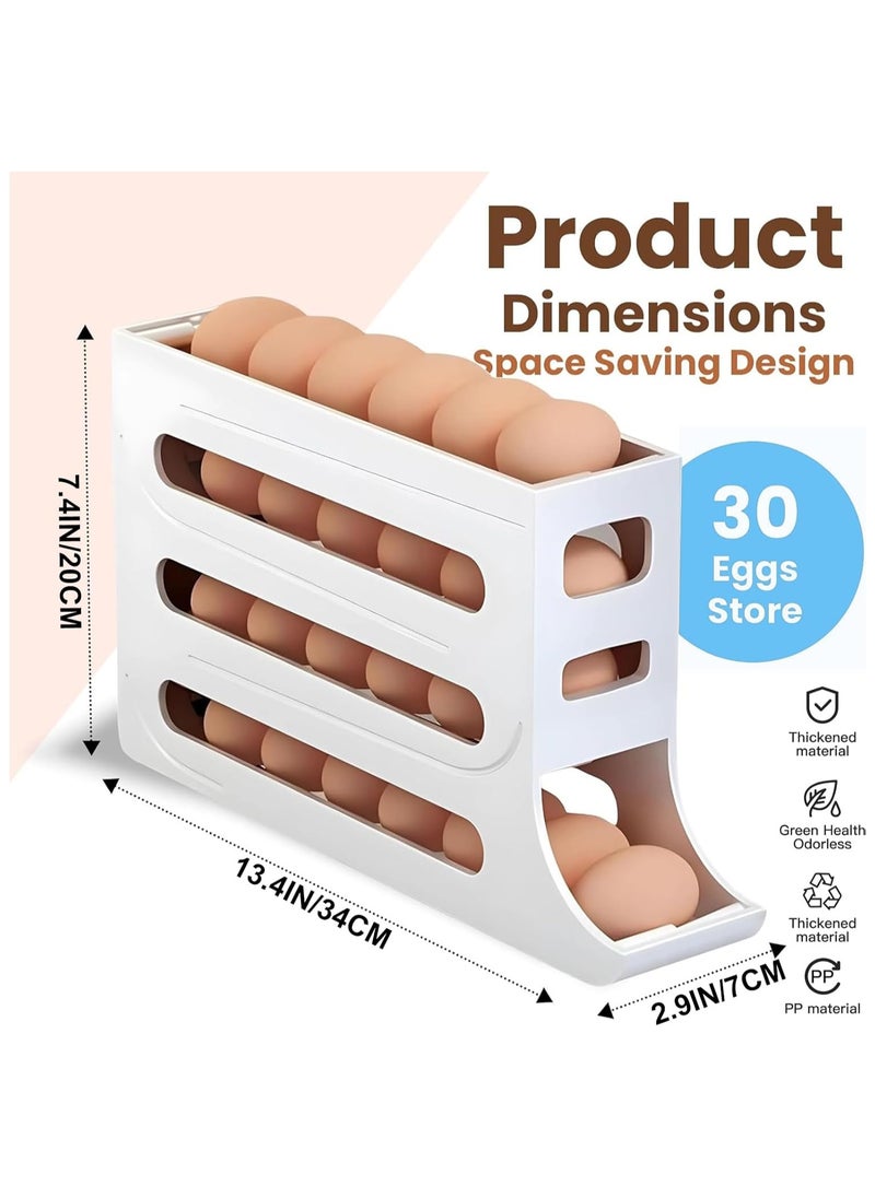 30 Eggs Fridge Dispenser 4 Tier Egg Holder for Refrigerator Countertop Container Large Capacity Auto Rolling Tray Organizer Storage Automatic Distributor Rack Space Saving for Kitchen