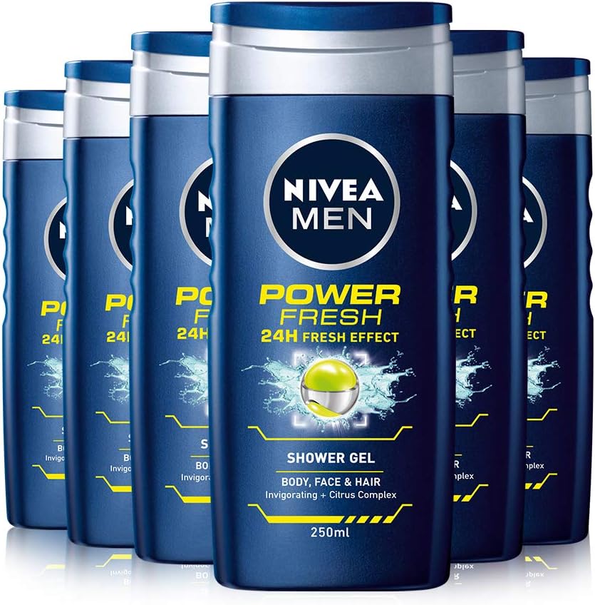 NIVEA MEN Shower Gel Power Refresh Pack of 6 6 x 250ml Invigorating Body Wash with Menthol Scent Allin1 Shower Gel for Men Strong NIVEA Men Shower Gel with Masculine Scent
