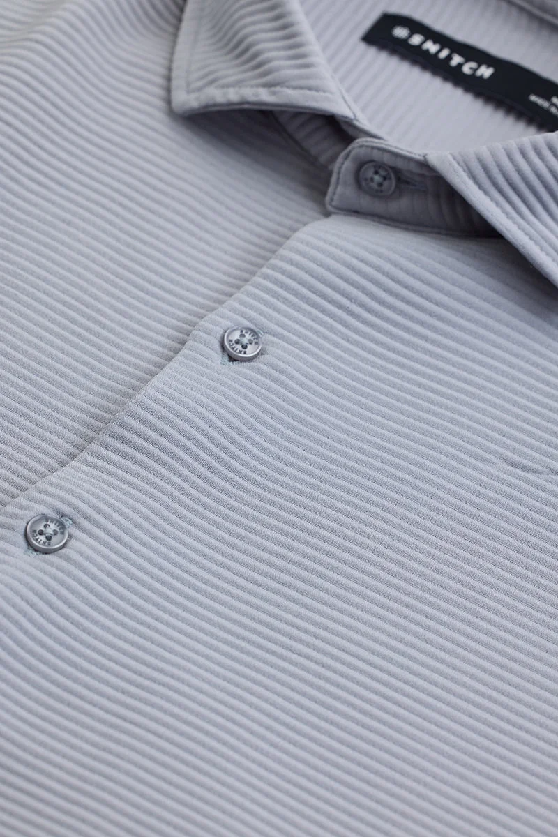 سنيتش Grey Ribbed Long Sleeve Slim Fit Casual Shirt