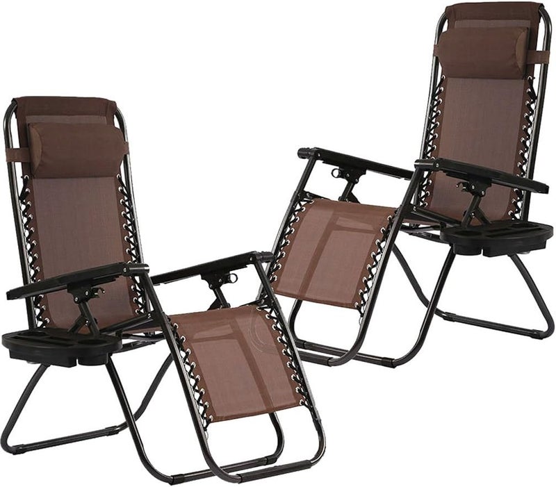 FDW Zero Gravity Chairs Set of 2 with Pillow and Cup Holder Patio Outdoor Adjustable Dining Reclining Folding Chairs for Deck Patio Beach Yard (Brown) - Image 1