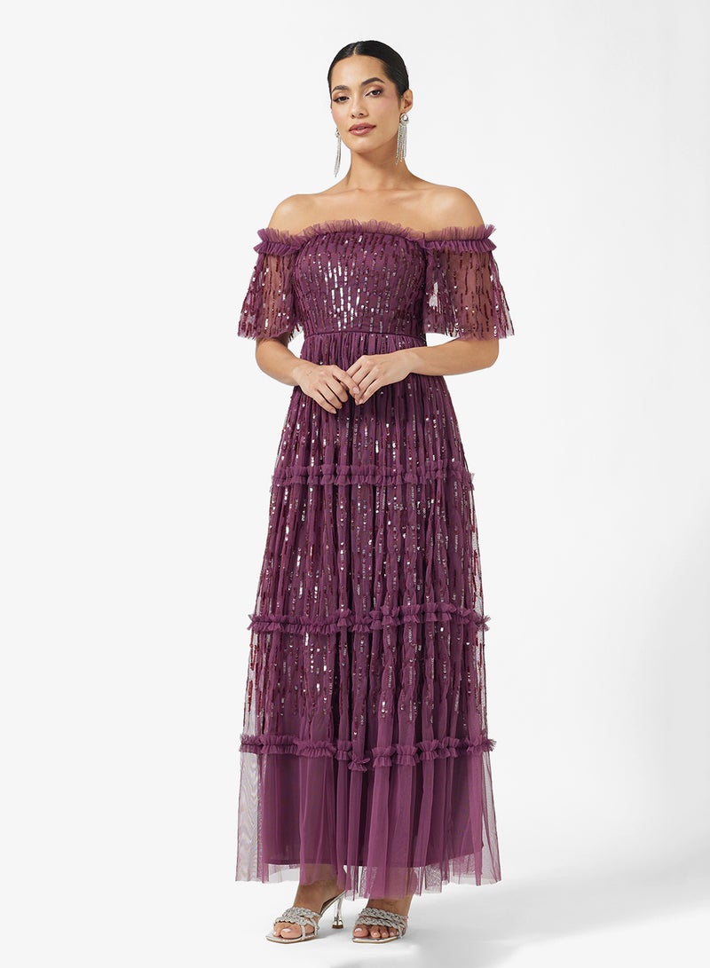 مايا فستان ماكسي مكشكش مزين بكتف مكشوف - Image 1