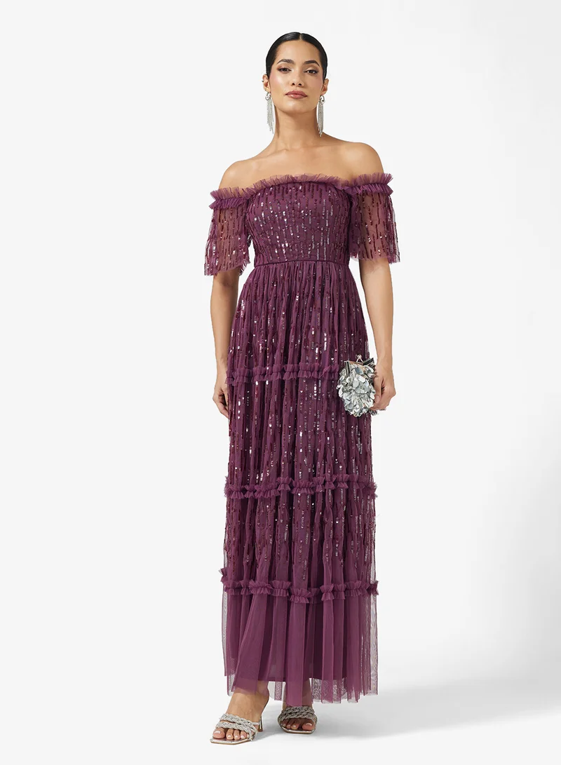 مايا Embellished Ruffle Detail Off Shoulder Maxi Dress