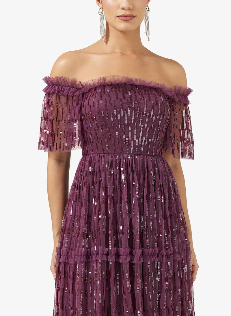 مايا Embellished Ruffle Detail Off Shoulder Maxi Dress
