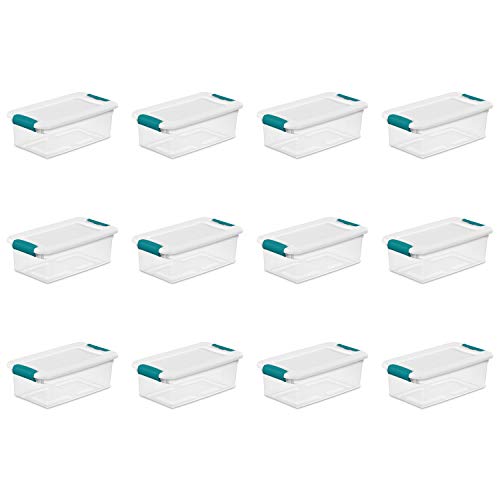 Sterilite Sterilite 6 Qt Latching Storage Box Stackable Bin with Latch Lid Plastic Container to Organize Shoes on Closet Shelf Clear with White Lid 12Pack