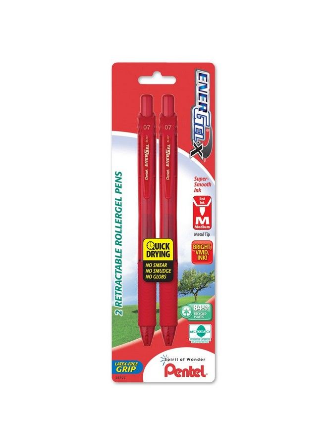 Pentel Energelx Retractable Liquid Gel Pen 0.7Mm Metal Tip Medium Red Ink (2 Pack) (Bl107Bp2B) - Image 2