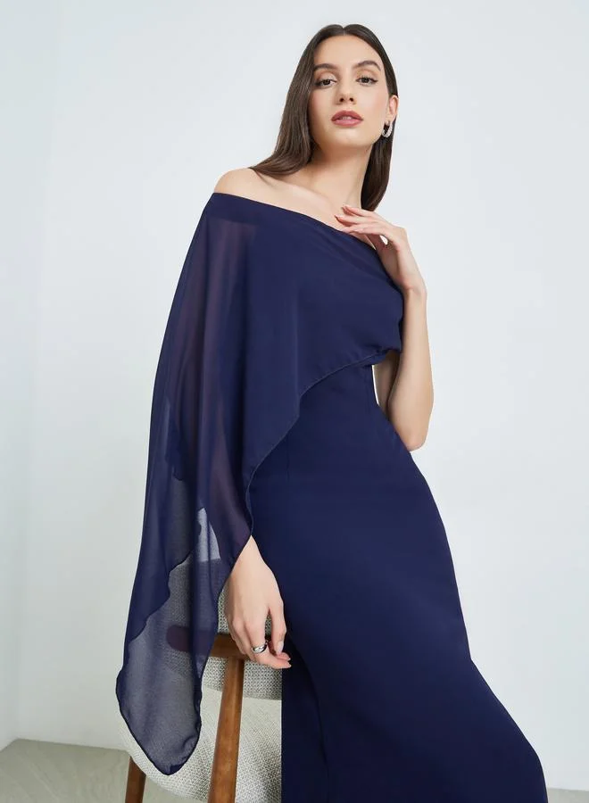 تايك تو Navy Blue Draped Cape Sleeve Maxi Dress
