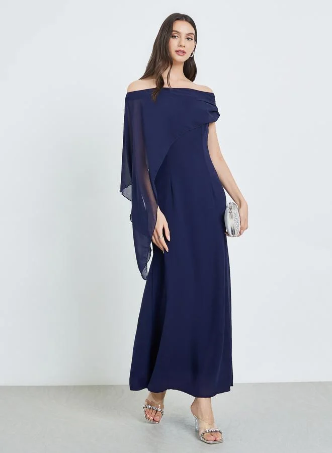 تايك تو Navy Blue Draped Cape Sleeve Maxi Dress