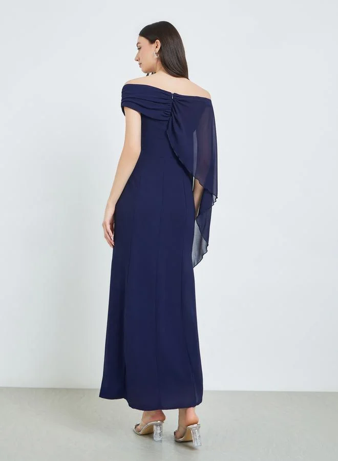 Take Two  Navy Blue Draped Cape Sleeve Maxi Dress for Women | Best Price UAE