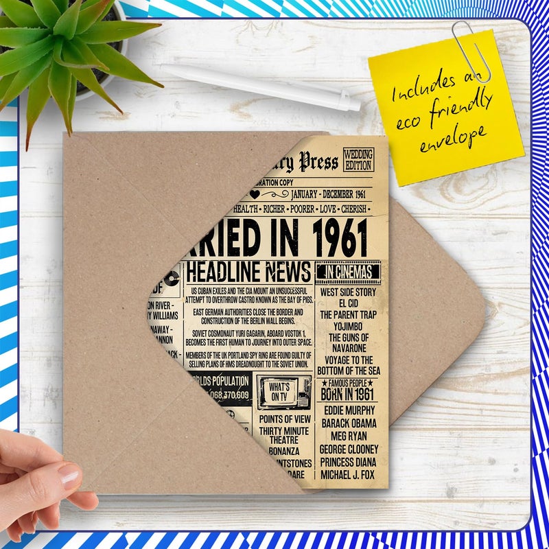 Stuff4 65th Anniversary Card for Men Women - Vintage Newspaper Married in 1961-65 Year Wedding Anniversary Card for Partner Wife Companion Husband  A5 Anniversaries Greeting Cards - Image 5