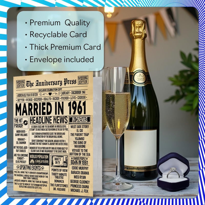 Stuff4 65th Anniversary Card for Men Women - Vintage Newspaper Married in 1961-65 Year Wedding Anniversary Card for Partner Wife Companion Husband  A5 Anniversaries Greeting Cards - Image 3