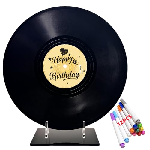 REEGII Vinyl Record Style Birthday Guest Book for Birthday Decorations - Large 11.6"x11.6" Sign-In Poster with 12 Pens | Unique Keepsake Gift for Birthday Party Decor (Happy Birthday, Golden, 11.6"L x 11.6"W) - Image 1