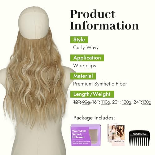 KooKaStyle Invisible Wire Hair Extensions with Transparent Wire Adjustable Size 4 Secure Clips 16 Inch Long Wavy Secret HairpieceDark Ash Blonde mix Light Blonde Highlights - Image 3