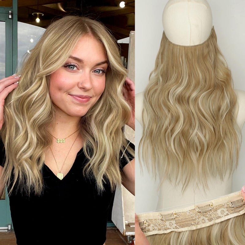 KooKaStyle Invisible Wire Hair Extensions with Transparent Wire Adjustable Size 4 Secure Clips 16 Inch Long Wavy Secret HairpieceDark Ash Blonde mix Light Blonde Highlights - Image 2