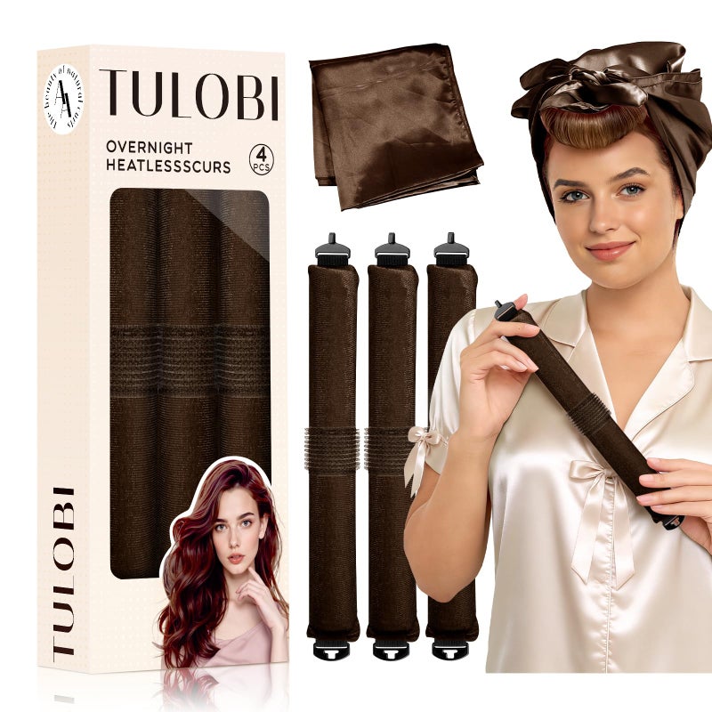 TULOBI 3 Pcs Heatless Curls Overnight - Upgraded Velvet Heatless Hair Curler with Velcro Fastener, Overnight Jumbo Blowout Rods, Hair Curlers to Sleep in for All Hair Types (Brown) - Image 1