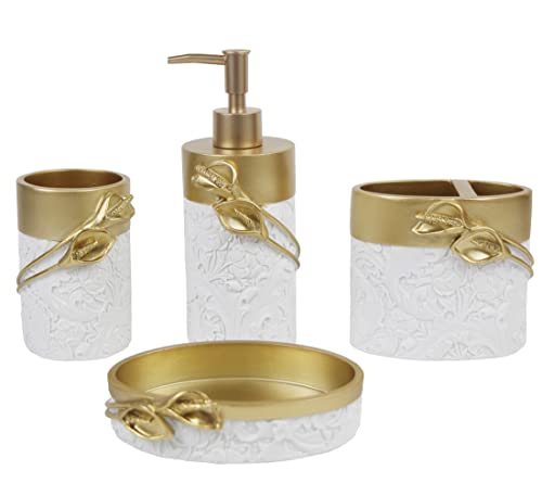 Hymmah Bathroom Accessories Set,Golden Design Toothbrush Holder,Farmhouse Bathroom Decor,4 Pcs Resin Gift Set Apartment Necessities, Contain Toothbrush Cup,Soap Dispenser,Soap Dish,Tumbler - Image 1