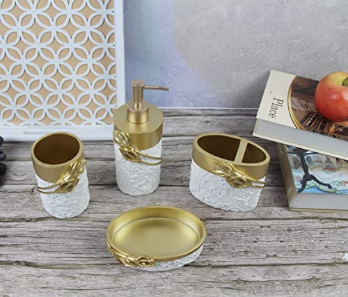 Hymmah Bathroom Accessories Set,Golden Design Toothbrush Holder,Farmhouse Bathroom Decor,4 Pcs Resin Gift Set Apartment Necessities, Contain Toothbrush Cup,Soap Dispenser,Soap Dish,Tumbler - Image 3