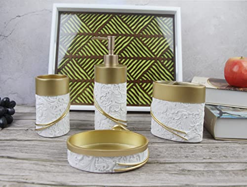 Hymmah Bathroom Accessories Set,Golden Design Toothbrush Holder,Farmhouse Bathroom Decor,4 Pcs Resin Gift Set Apartment Necessities, Contain Toothbrush Cup,Soap Dispenser,Soap Dish,Tumbler - Image 4