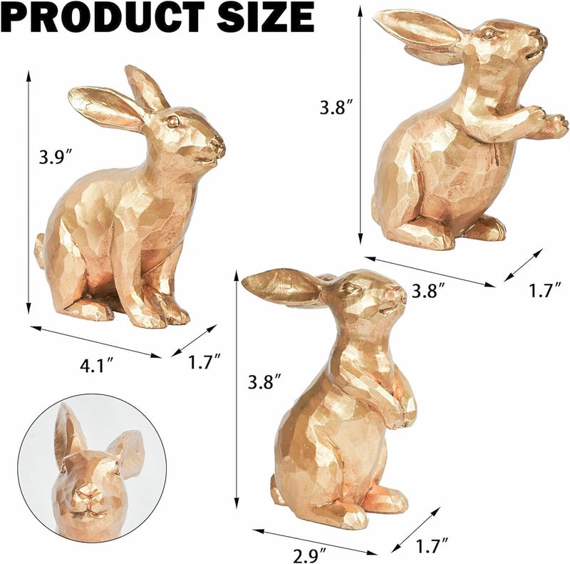 NEROSUN Resin Vintage Gold Bunny Decor Rabbit Figurines, Small Easter Bunny Figurine Set of 3, Vintage Easter Rabbit Statue Table for Home Decoration - Image 3