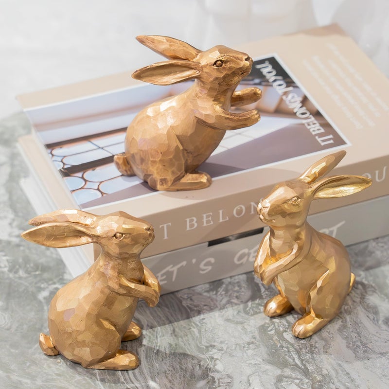 NEROSUN Resin Vintage Gold Bunny Decor Rabbit Figurines, Small Easter Bunny Figurine Set of 3, Vintage Easter Rabbit Statue Table for Home Decoration - Image 5