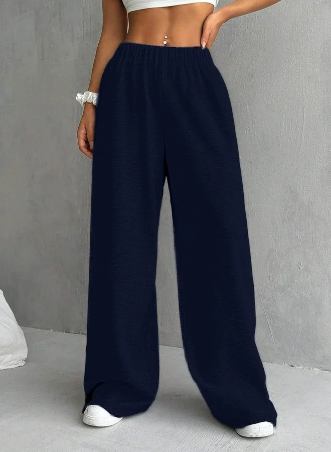 Take Two Navy Blue Solid Elastic Waist Wide Leg Joggers