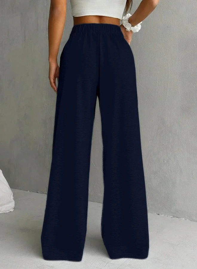 Take Two Navy Blue Solid Elastic Waist Wide Leg Joggers