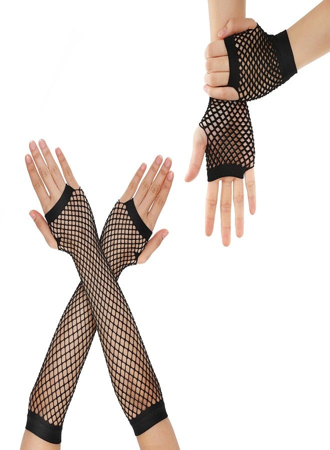 HaiFafafaing 2 Pairs Black Fishnet Gloves Fingerless 80s Black Fingerless Fishnet Arm Sleeves Long Short Mesh Gloves Fish Net Arm Sleeves For Women And Girls Theme Party Costume Accessory - Image 1