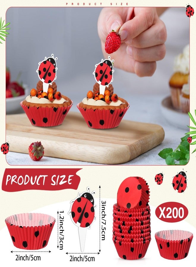 Vesici 200 Counts Cupcake Liners and 200 Counts Cupcake Toppers Round Baking Cups Greaseproof Muffin Liners for Christmas Holiday Birthday Theme Party Supplies(Ladybug) - Image 2