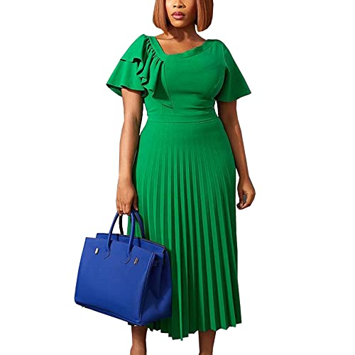 AOMEI Women's Green Short Sleeve Asymmetrical Ruffles High Waist Pleated Hem Midi Spring Dress (3XL,3X-Large) - Image 1