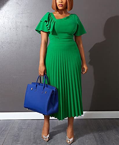 AOMEI Women's Green Short Sleeve Asymmetrical Ruffles High Waist Pleated Hem Midi Spring Dress (3XL,3X-Large) - Image 2