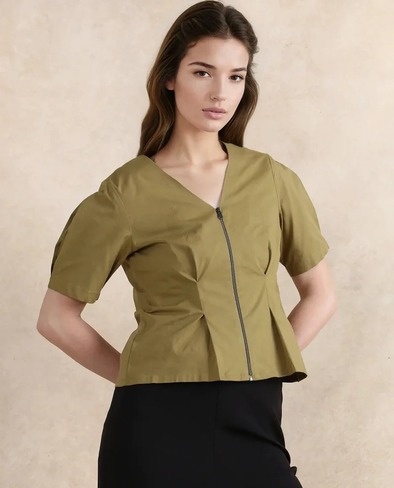 Rareism Women's V-Neck Zipped Top