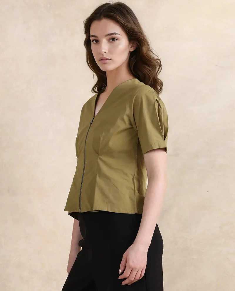 Rareism Women's V-Neck Zipped Top