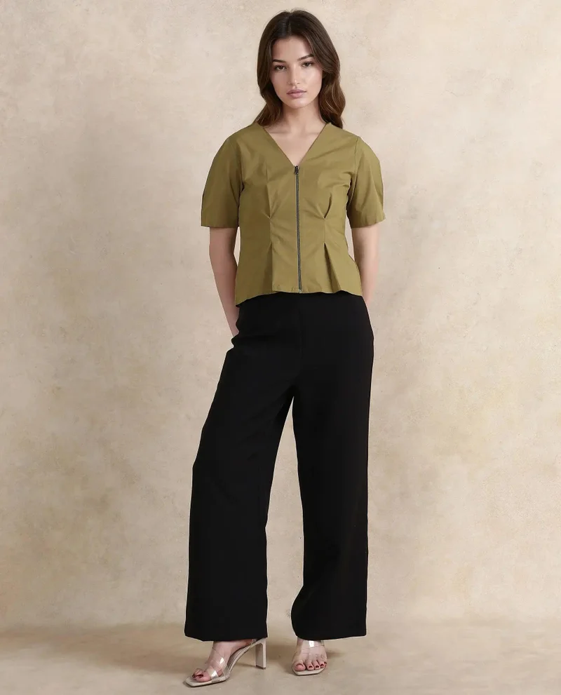 Rareism Women's V-Neck Zipped Top