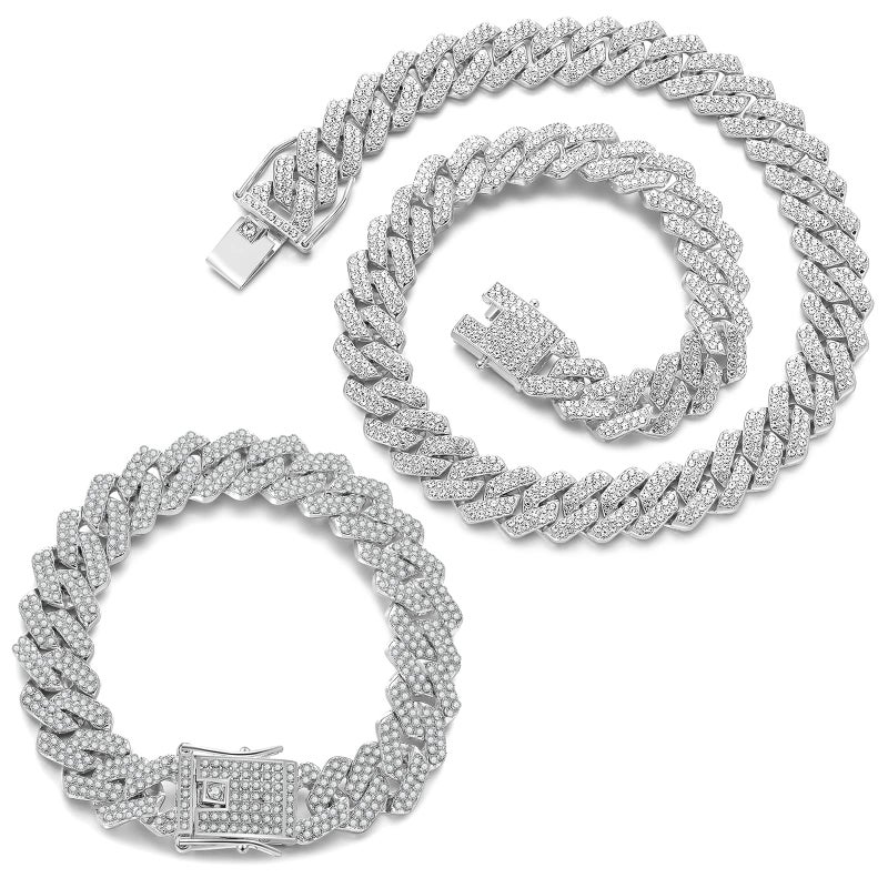 JUNVirtuous 2 Pieces Cuban Link Chain Mens Iced Out Miami Cuban Necklace and Bracelet Silver Bling Diamond Hip Hop Jewelry for Men and Women (Silver, 8" Bracelet and 16" Necklace) - Image 1