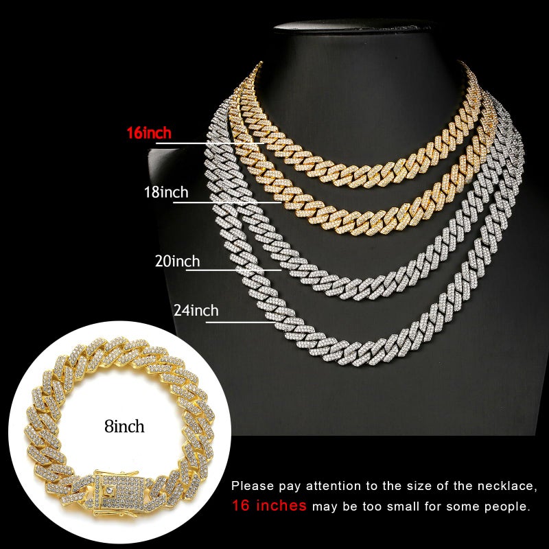 JUNVirtuous 2 Pieces Cuban Link Chain Mens Iced Out Miami Cuban Necklace and Bracelet Silver Bling Diamond Hip Hop Jewelry for Men and Women (Silver, 8" Bracelet and 16" Necklace) - Image 2