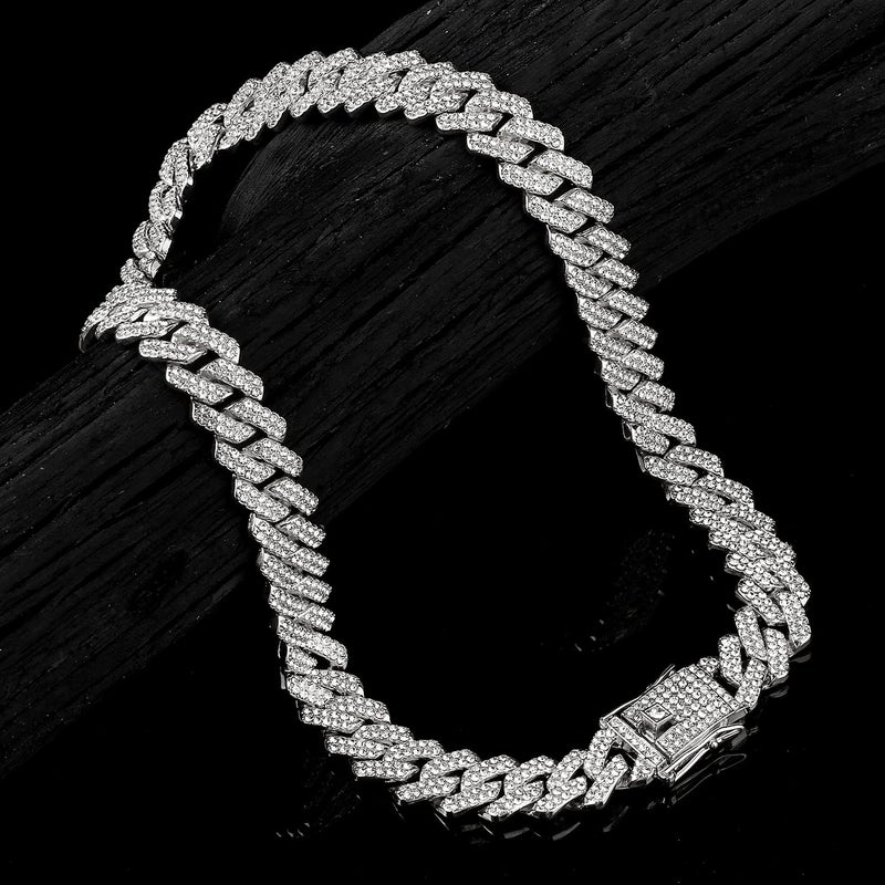 JUNVirtuous 2 Pieces Cuban Link Chain Mens Iced Out Miami Cuban Necklace and Bracelet Silver Bling Diamond Hip Hop Jewelry for Men and Women (Silver, 8" Bracelet and 16" Necklace) - Image 5